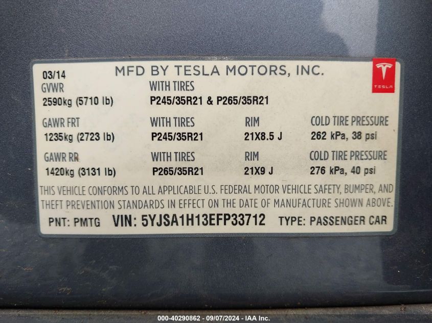 5YJSA1H13EFP33712 2014 Tesla Model S P85