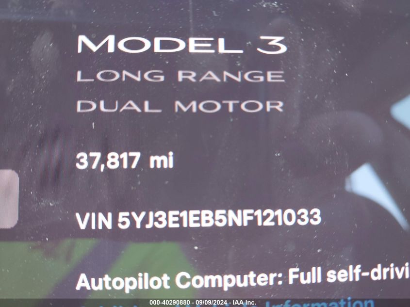 2022 TESLA MODEL 3 LONG RANGE DUAL MOTOR ALL-WHEEL DRIVE - 5YJ3E1EB5NF121033