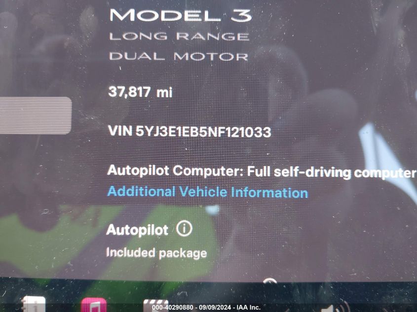 2022 Tesla Model 3 Long Range Dual Motor All-Wheel Drive VIN: 5YJ3E1EB5NF121033 Lot: 40290880