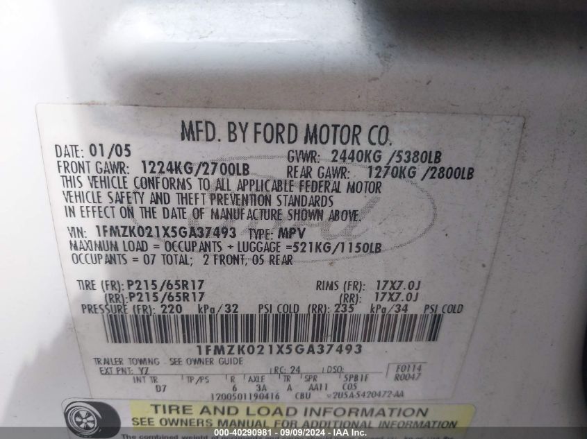 1FMZK021X5GA37493 2005 Ford Freestyle Sel