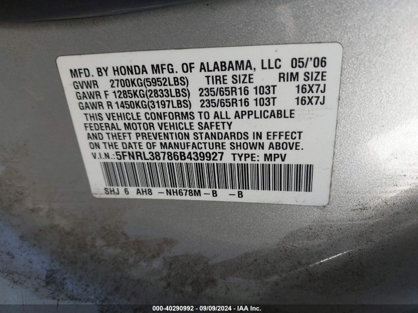 2006 Honda Odyssey Ex-L VIN: 5FNRL38786B439927 Lot: 40290992