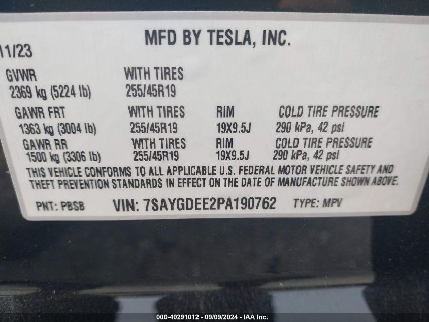 2023 Tesla Model Y Awd/Long Range Dual Motor All-Wheel Drive VIN: 7SAYGDEE2PA190762 Lot: 40291012