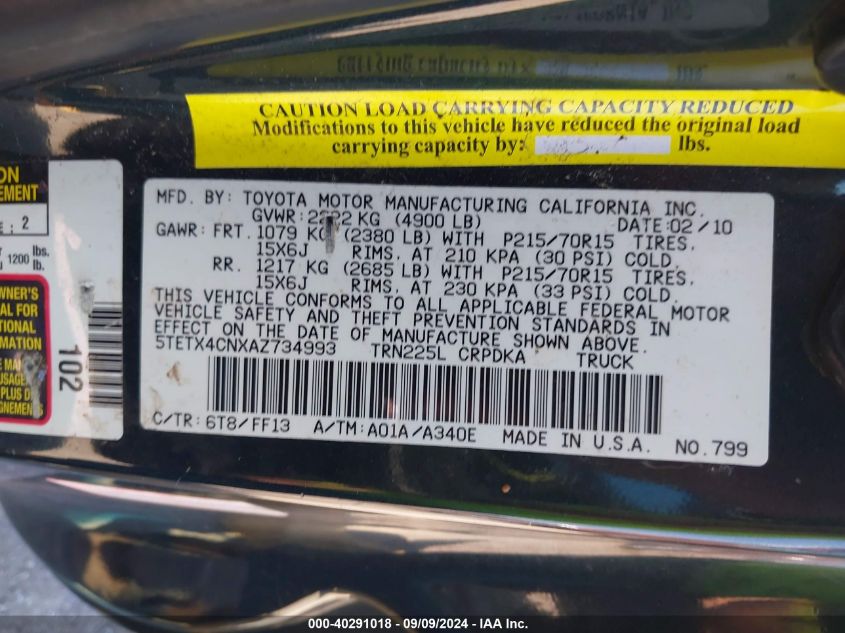 2010 Toyota Tacoma VIN: 5TETX4CNXAZ734993 Lot: 40291018