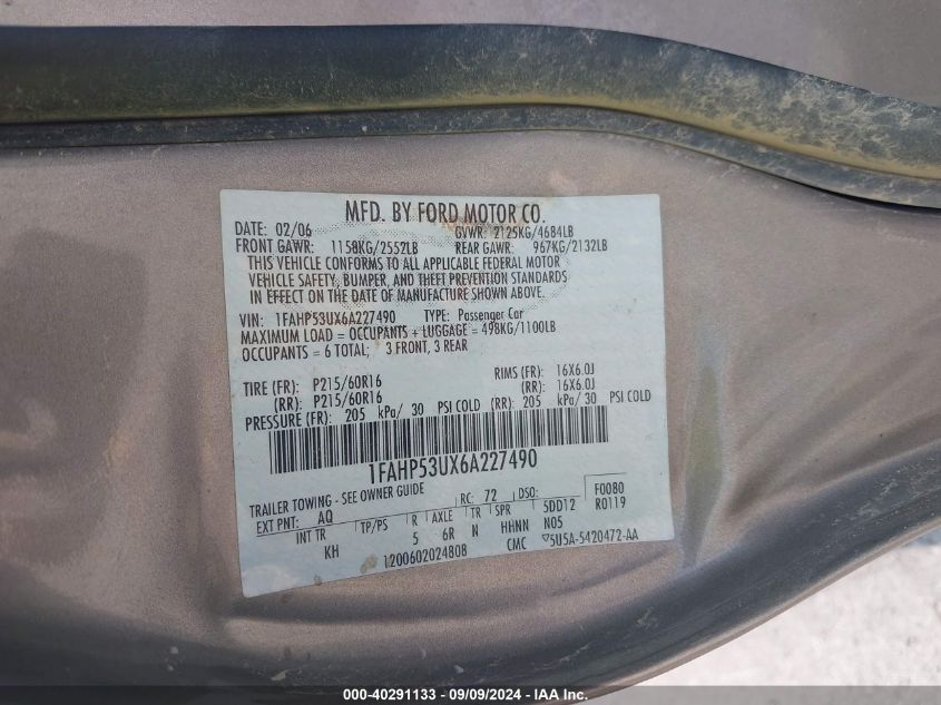 1FAHP53UX6A227490 2006 Ford Taurus Se