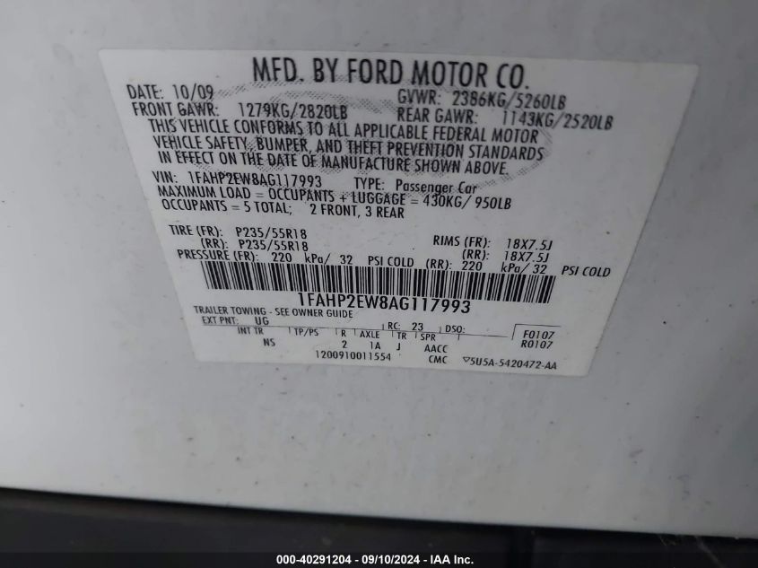 1FAHP2EW8AG117993 2010 Ford Taurus Sel