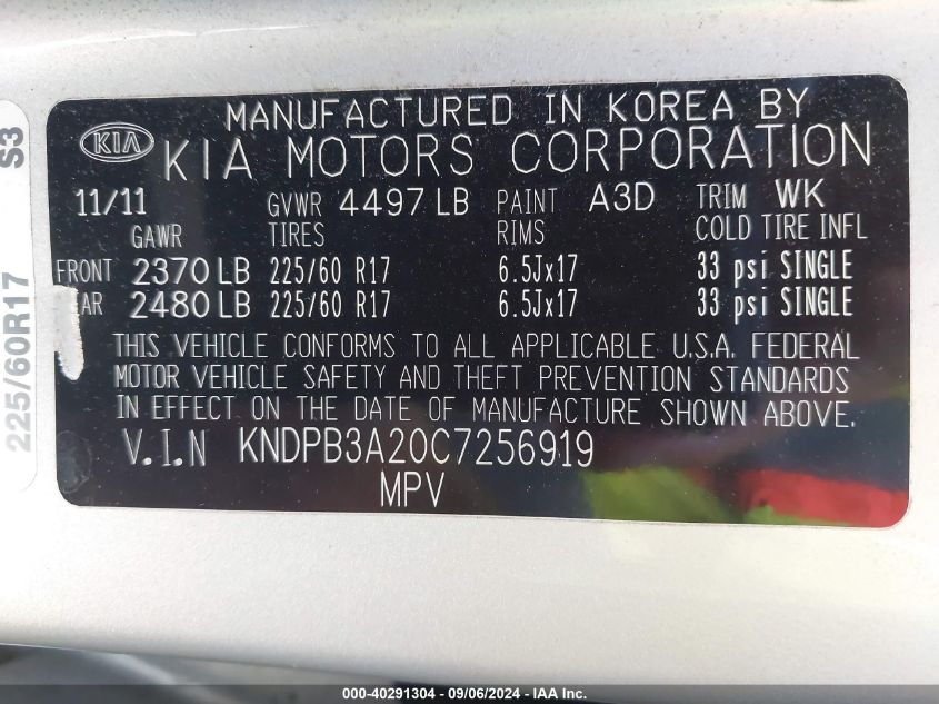 2012 Kia Sportage Lx VIN: KNDPB3A20C7256919 Lot: 40291304