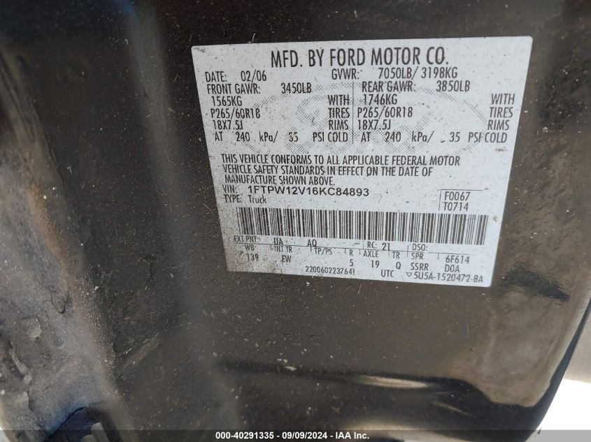 1FTPW12V16KC84893 2006 Ford F-150 Lariat/Xlt