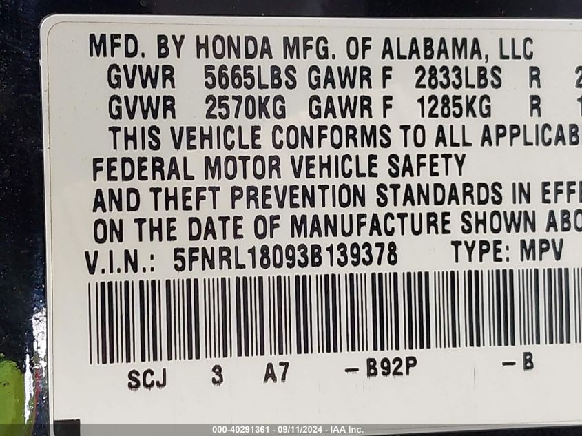 2003 Honda Odyssey Ex-L VIN: 5FNRL18093B139378 Lot: 40291361