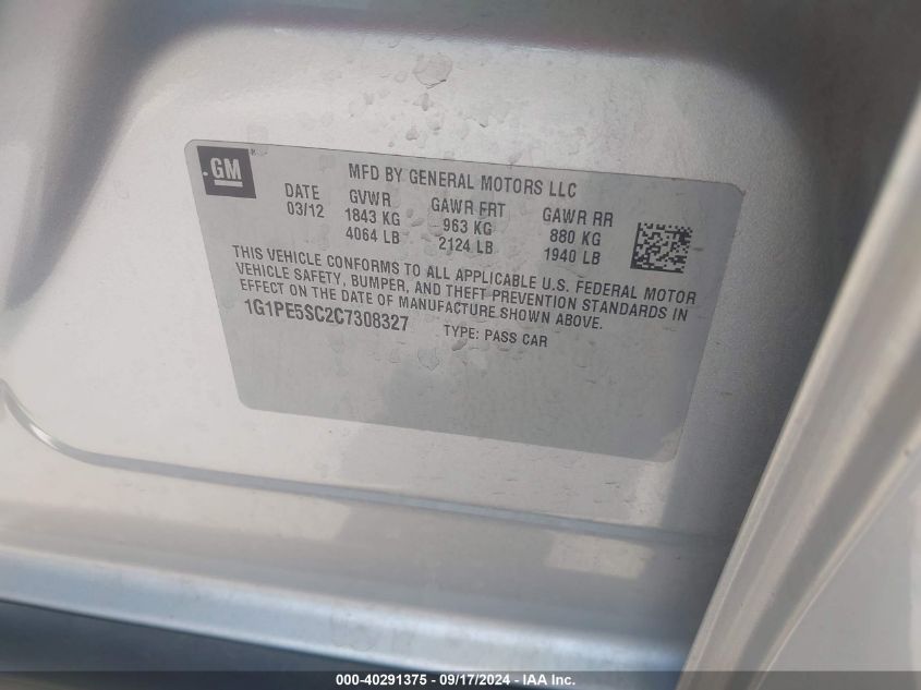 2012 Chevrolet Cruze Lt VIN: 1G1PE5SC2C7308327 Lot: 40949293