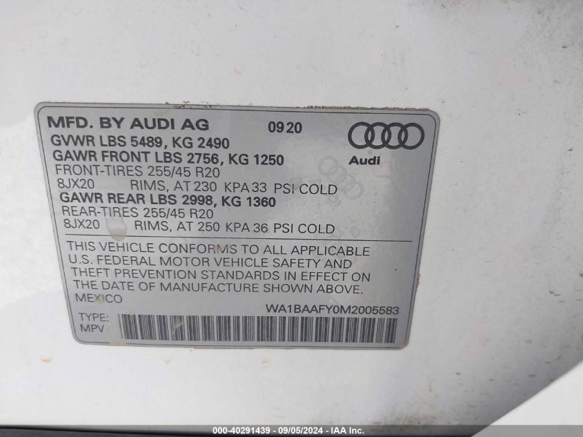 2021 Audi Q5 Premium Plus 45 Tfsi Quattro S Tronic VIN: WA1BAAFY0M2005583 Lot: 40291439