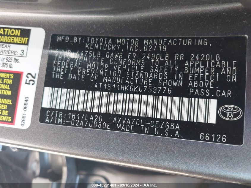 4T1B11HK6KU759776 2019 Toyota Camry Xle