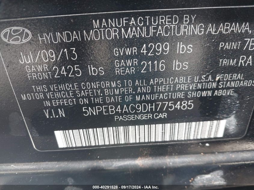 2013 Hyundai Sonata Gls VIN: 5NPEB4AC9DH775485 Lot: 40291528