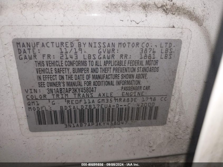 3N1AB7AP3KY458047 2019 Nissan Sentra Sv