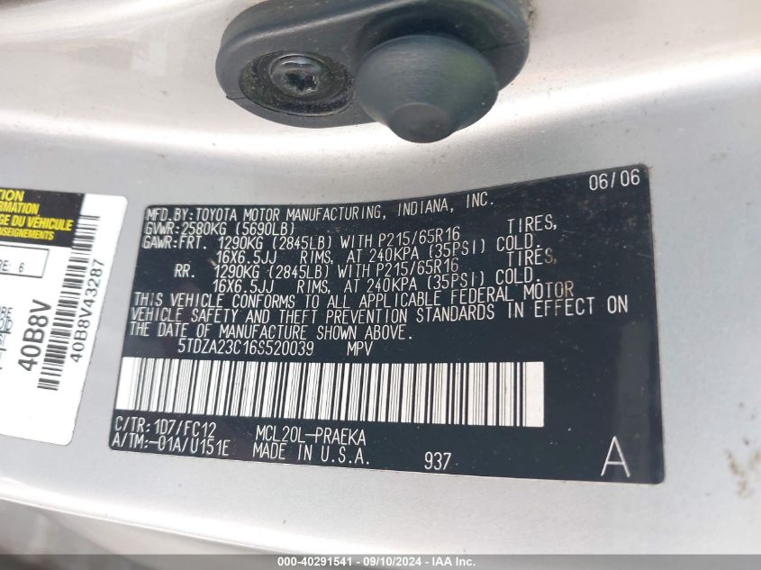 5TDZA23C16S520039 2006 Toyota Sienna Le