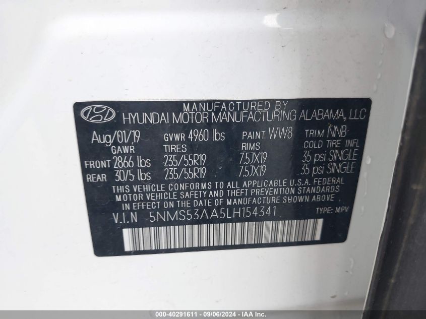 2020 Hyundai Santa Fe Limited 2.0T VIN: 5NMS53AA5LH154341 Lot: 40291611