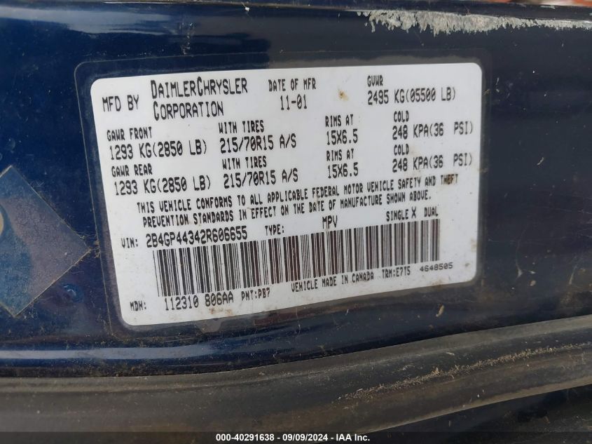 2002 Dodge Grand Caravan Sport VIN: 2B4GP44342R606655 Lot: 40291638