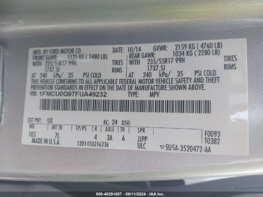 1FMCU0G97FUA49232 2015 Ford Escape Se