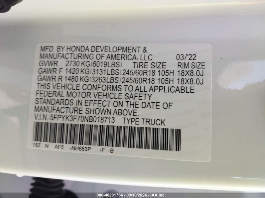 2022 Honda Ridgeline Rtl VIN: 5FPYK3F70NB018713 Lot: 40291754