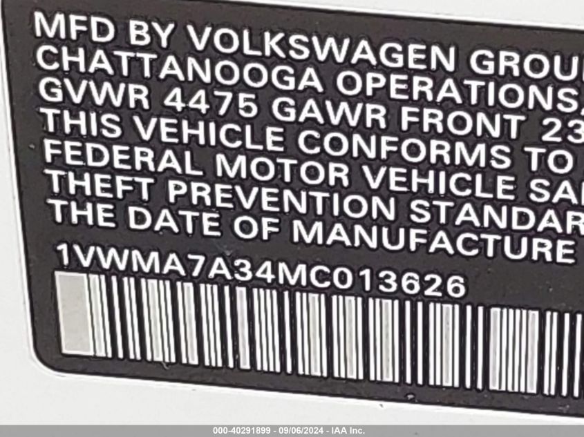 1VWMA7A34MC013626 2021 Volkswagen Passat 2.0T R-Line