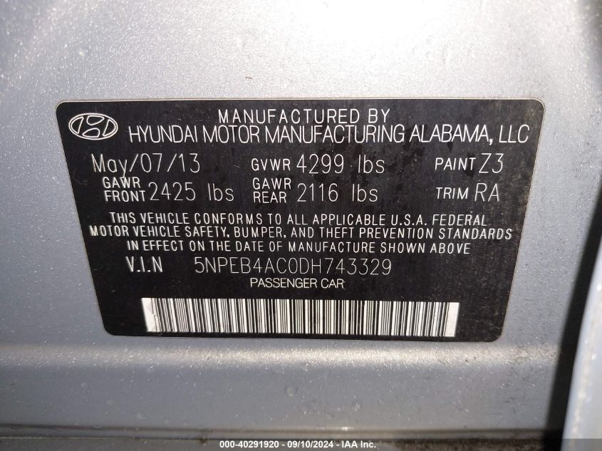 2013 Hyundai Sonata Gls VIN: 5NPEB4AC0DH743329 Lot: 40291920