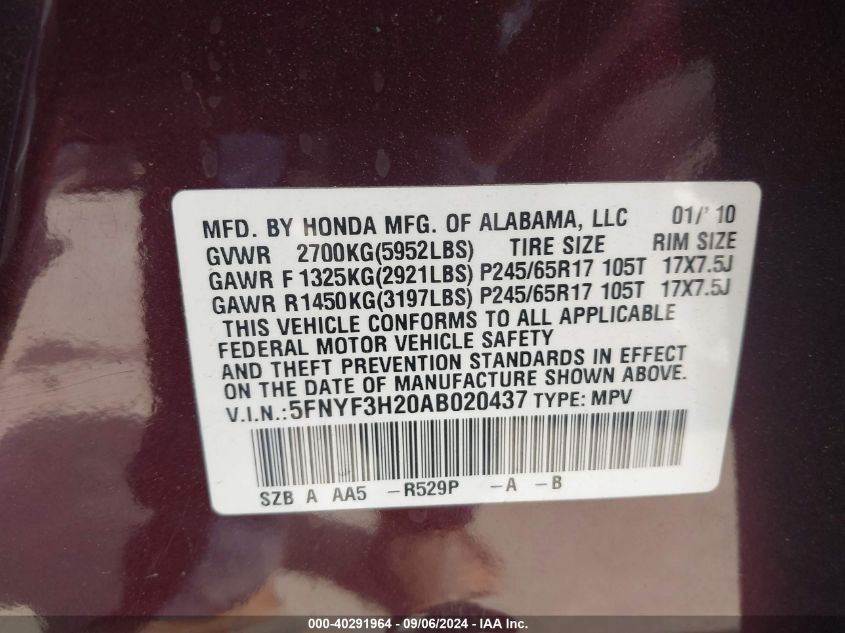 2010 Honda Pilot Lx VIN: 5FNYF3H20AB020437 Lot: 40291964