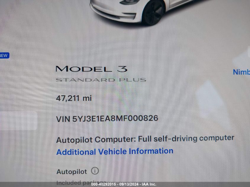 2021 Tesla Model 3 Standard Range Plus Rear-Wheel Drive VIN: 5YJ3E1EA8MF000826 Lot: 40292015