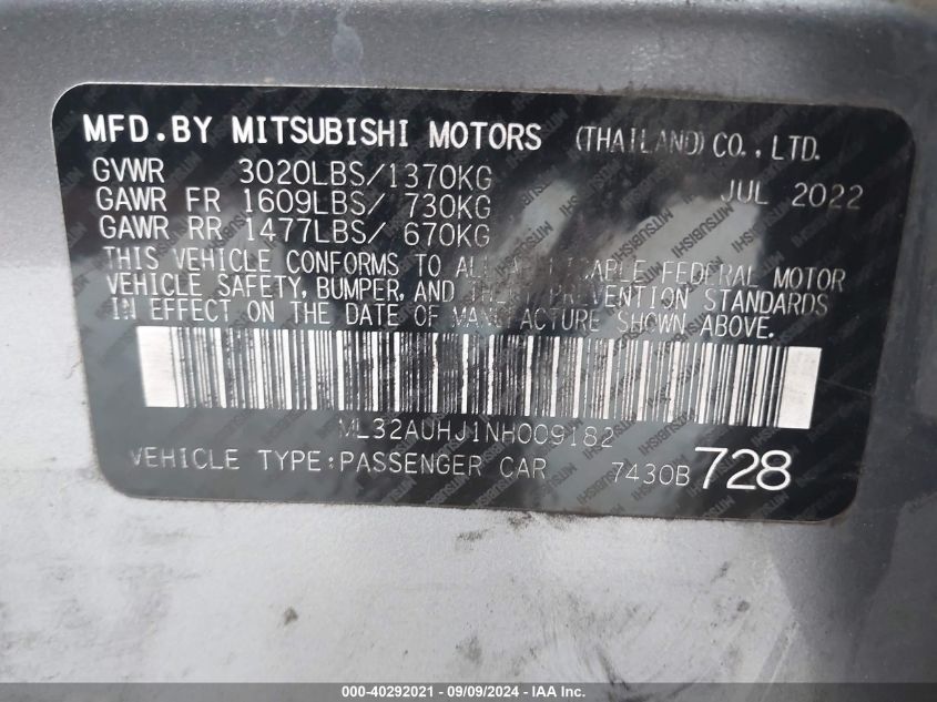 ML32AUHJ1NH009182 2022 Mitsubishi Mirage Es/Le