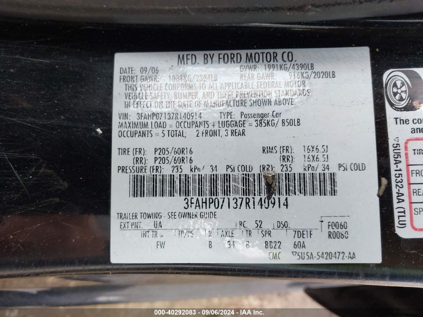 2007 Ford Fusion Se VIN: 3FAHP07137R140914 Lot: 40292083