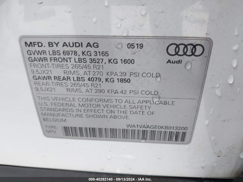 2019 Audi E-Tron Premium Plus VIN: WA1VAAGE0KB013200 Lot: 40292140