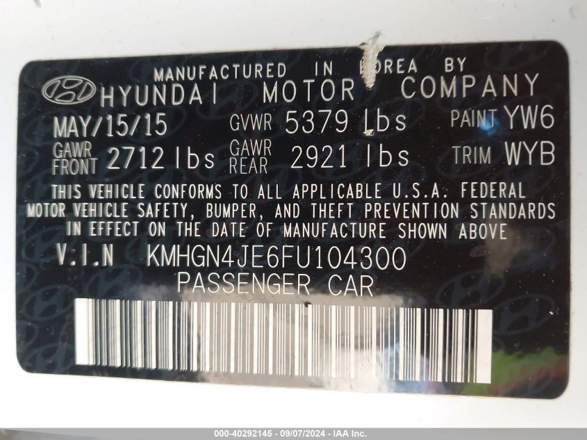 KMHGN4JE6FU104300 2015 Hyundai Genesis 3.8L