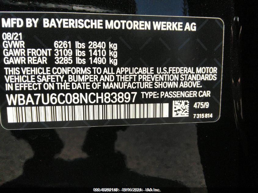 2022 BMW M760I xDrive VIN: WBA7U6C08NCH83897 Lot: 40292148