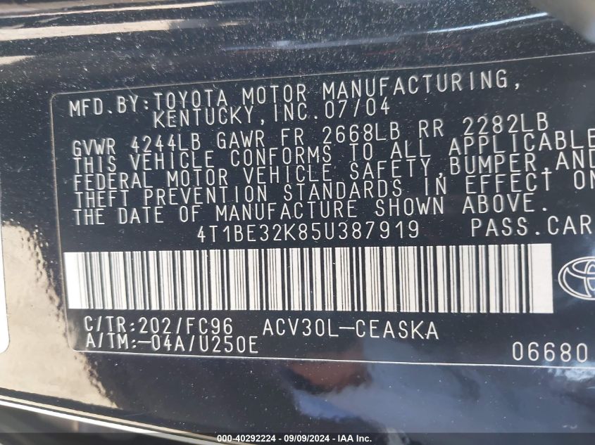 4T1BE32K85U387919 2005 Toyota Camry Se