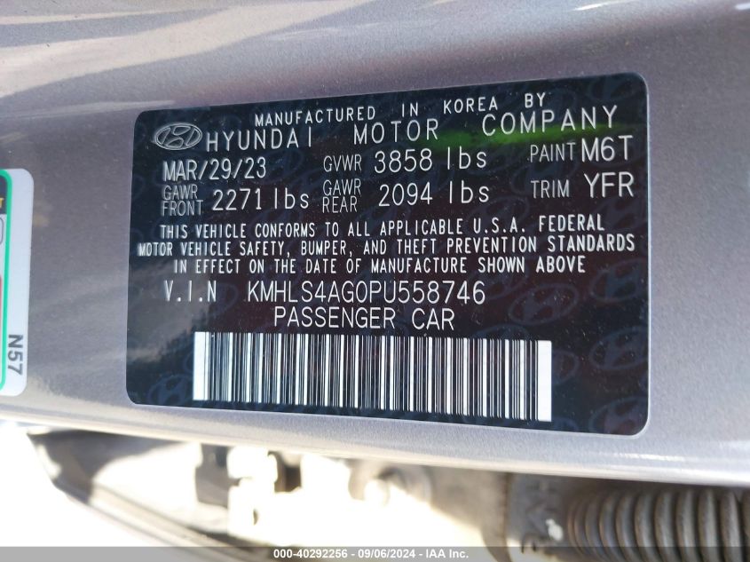 2023 Hyundai Elantra Sel VIN: KMHLS4AG0PU558746 Lot: 40292256