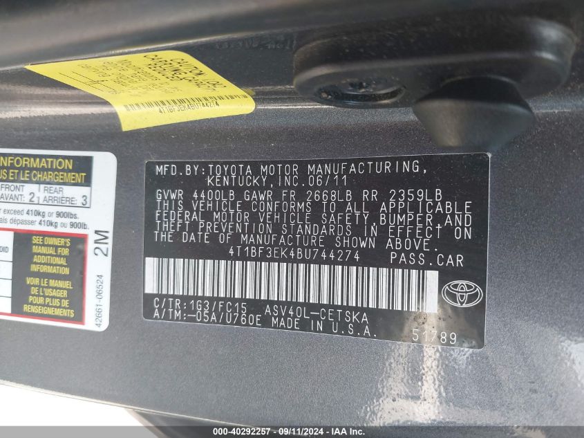 4T1BF3EK4BU744274 2011 Toyota Camry Se/Le/Xle