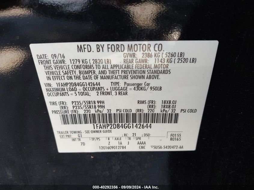 1FAHP2D84GG142644 2016 Ford Taurus Se