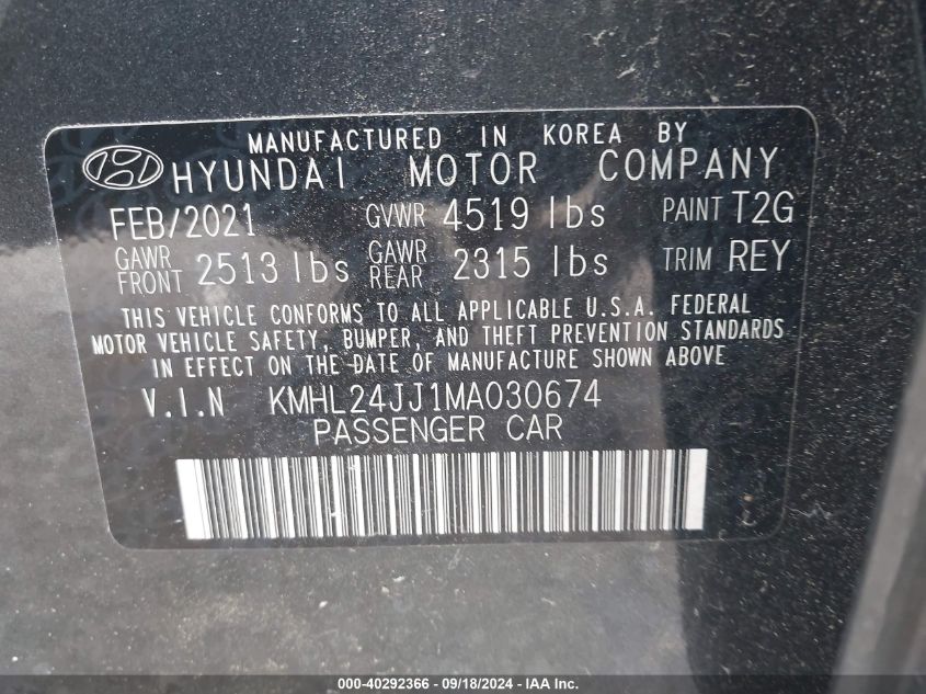 KMHL24JJ1MA030674 2021 Hyundai Sonata Hybrid/Blue