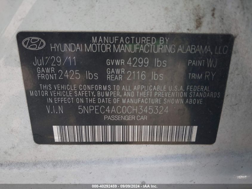 5NPEC4AC0CH345324 2012 Hyundai Sonata Se