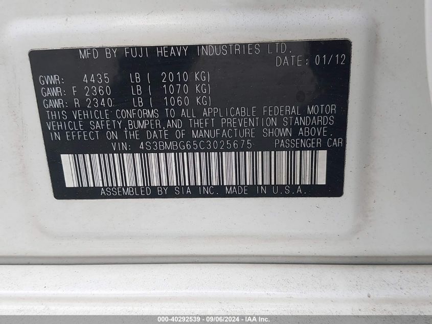 2012 Subaru Legacy 2.5I Premium VIN: 4S3BMBG65C3025675 Lot: 40292539