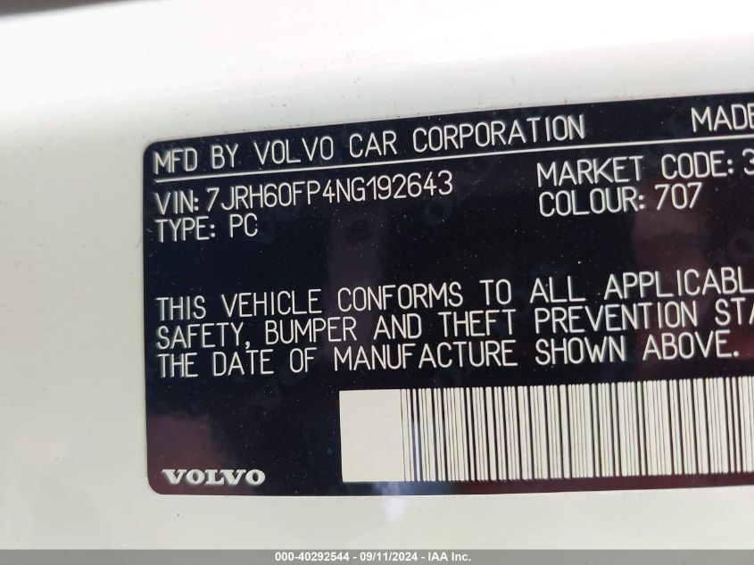 2022 Volvo S60 Recharge Plug-In Hybrid T8 Polestar Engineered Extended Range VIN: 7JRH60FP4NG192643 Lot: 40292544