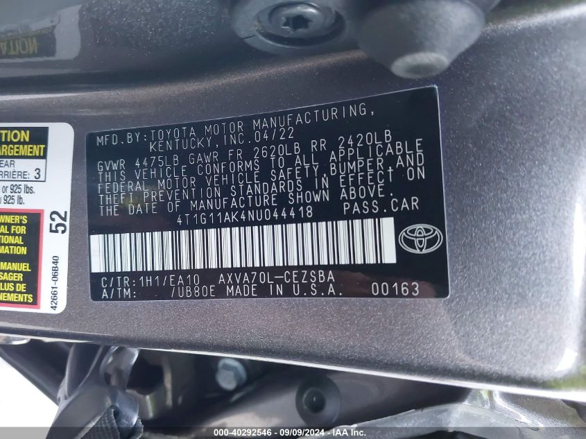 2022 Toyota Camry Se VIN: 4T1G11AK4NU044418 Lot: 40292546