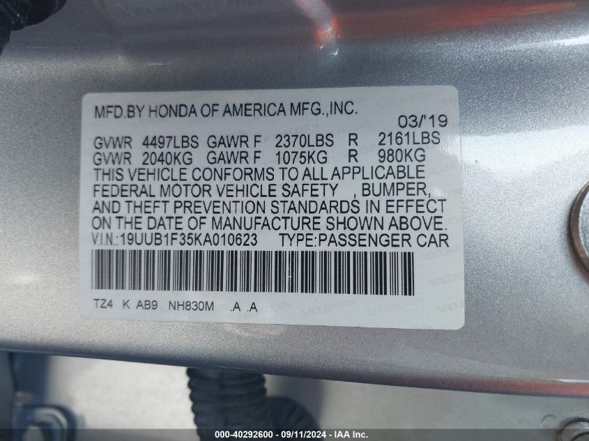 19UUB1F35KA010623 2019 Acura Tlx Standard