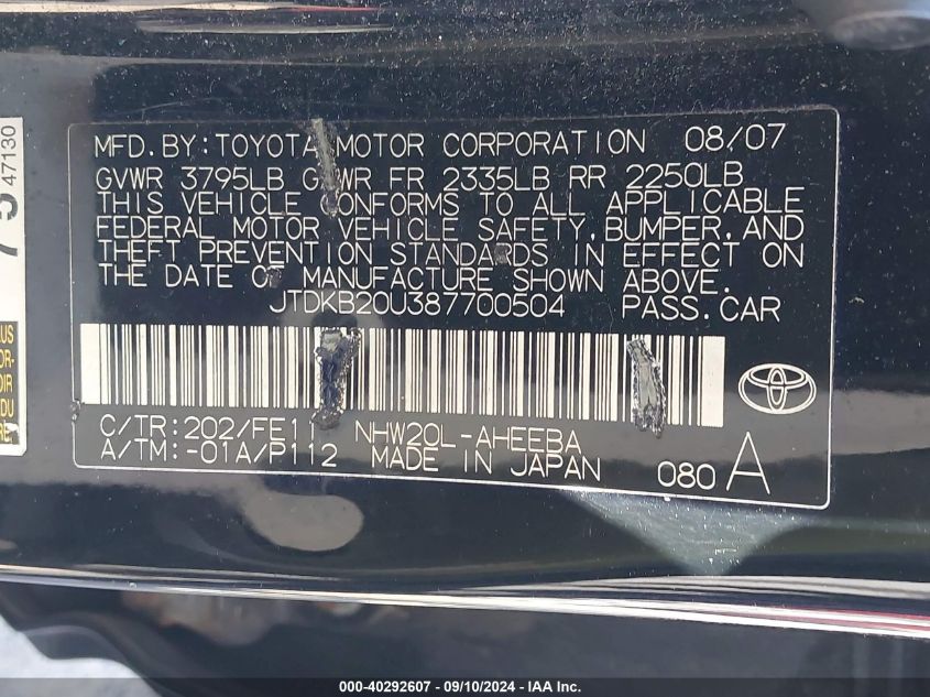 2008 Toyota Prius VIN: JTDKB20U387700504 Lot: 40292607