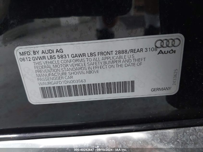 2013 Audi A8 L 3.0T VIN: WAURGAFD1DN003563 Lot: 40292647