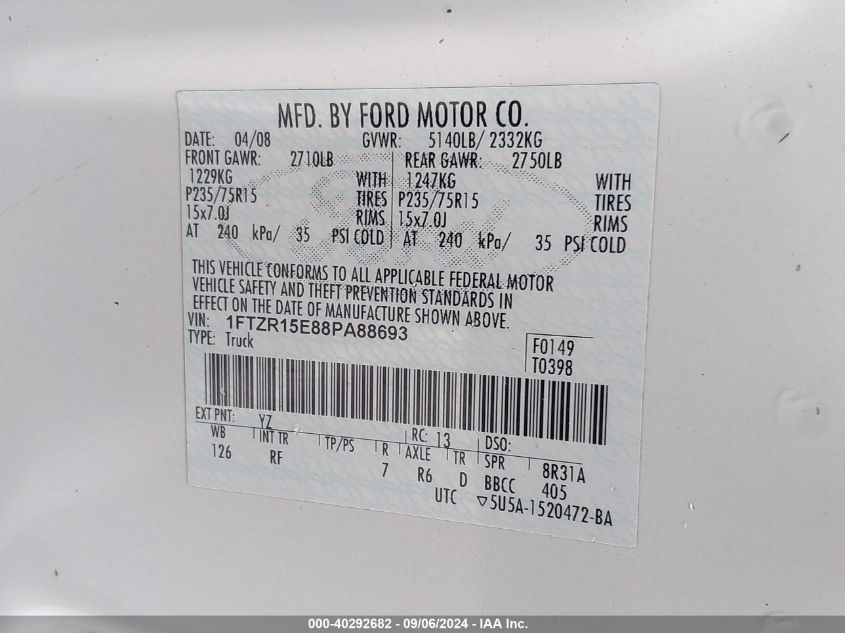 2008 Ford Ranger VIN: 1FTZR15E88PA88693 Lot: 40292682