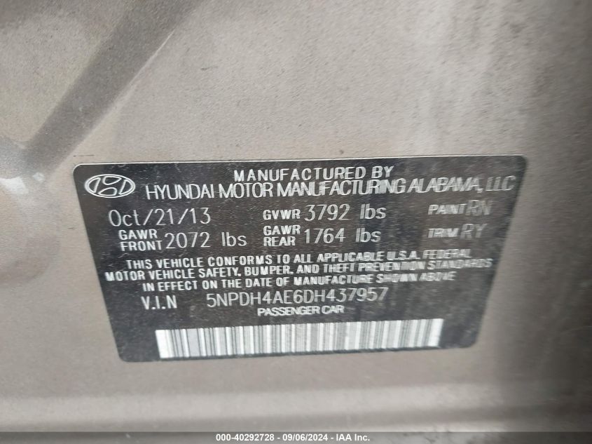 5NPDH4AE6DH437957 2013 Hyundai Elantra Limited