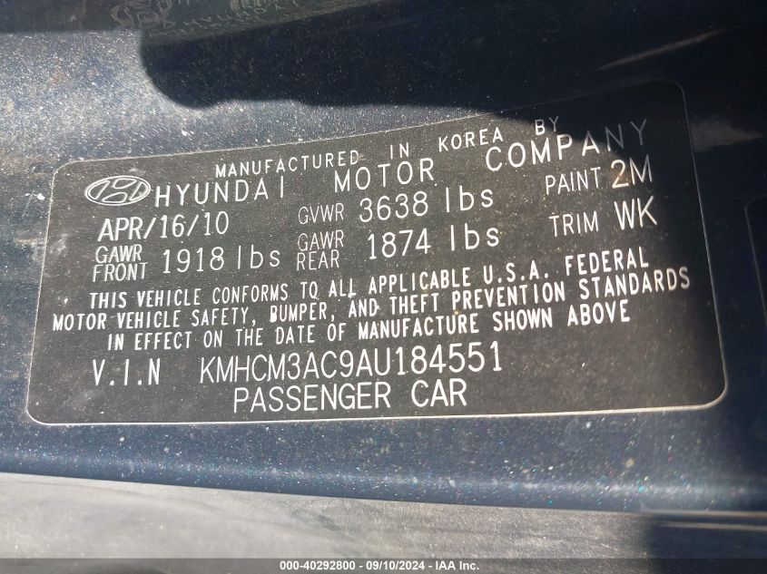 KMHCM3AC9AU184551 2010 Hyundai Accent Blue/Gs