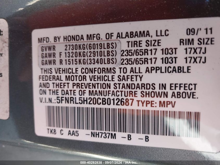 2012 Honda Odyssey Lx VIN: 5FNRL5H20CB012687 Lot: 40292838