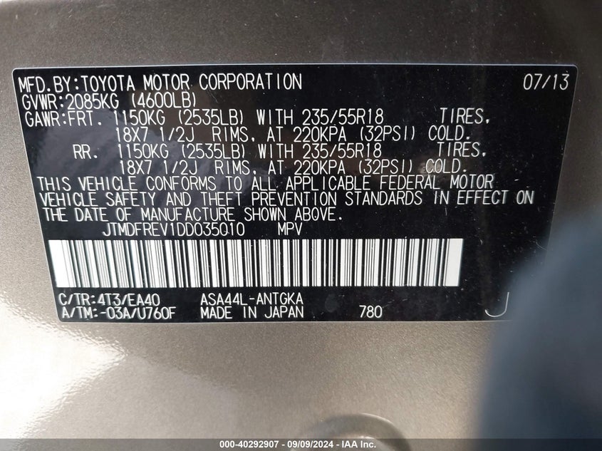 2013 TOYOTA RAV4 LIMITED - JTMDFREV1DD035010