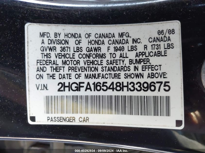 2HGFA16548H339675 2008 Honda Civic Sdn Lx