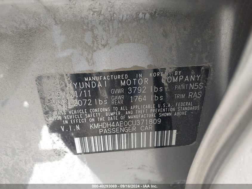 KMHDH4AE0CU371809 2012 Hyundai Elantra Gls/Limited